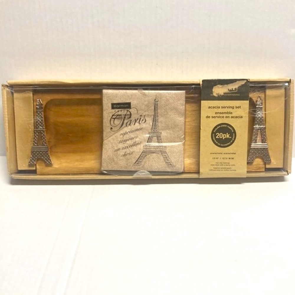 Wooden Acacia and Metal Eiffel Tower Oblong Rectangular Serving Tray